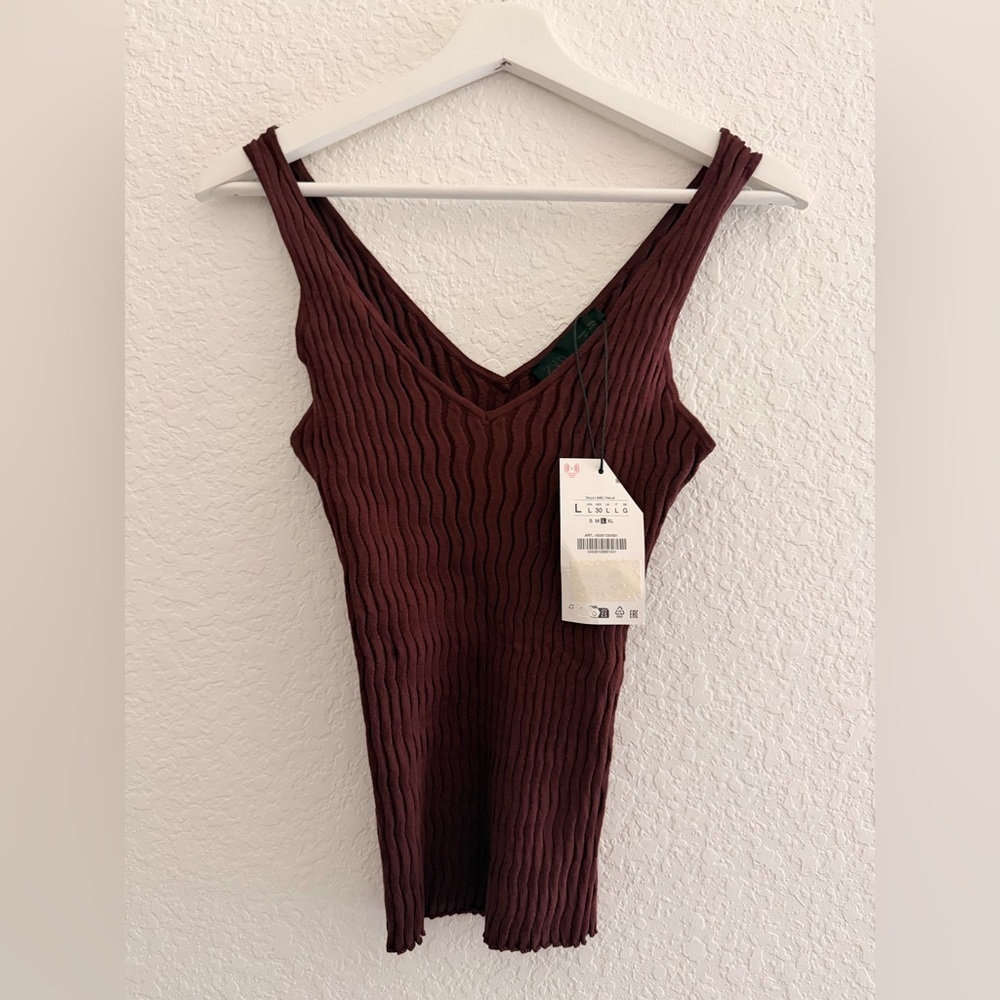 ZARA Chocolate Brown Textured Stretch Sleeveless Top
